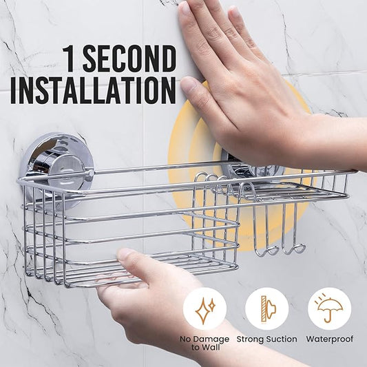 LEVERLOC Shower Caddy Suction Cup, Shelves for Inside with Hooks & Soap Holder Toothbrush Holder, NO-Drilling Bathroom Organizer, Rustproof Holder Storage, Silver