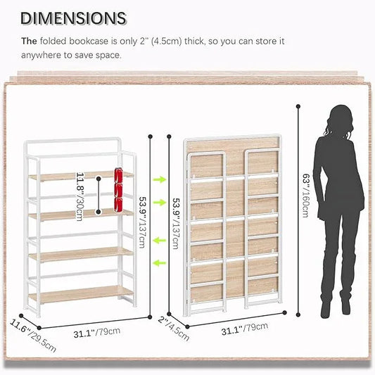 4NM No Assembly Extra Wide 4 Tiers Folding Bookshelf Storage Shelves Vintage Bookcase Standing Racks Study Organizer Home Office (Natural White) - ModernBath