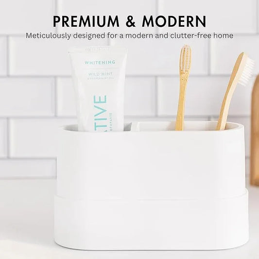 Yew Design Matte White Large Toothbrush and Toothpaste Holder and Cup for Bathroom Vanity and Countertop, Round Organizer for Electric Toothbrushes, Floss, Razors, Cotton, and Mouthwash - ModernBath