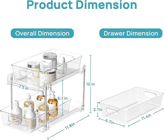 Vtopmart 4 Pack Bathroom Organizer, 2 Tier Clear Under Sink Organizers Vanity Countertop Storage Container,Cabinet Drawers Bins, Pull-Out Organization with Track for Pantry, Kitchen
