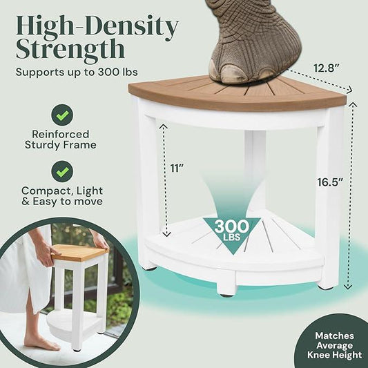 ROHKEX Waterproof Corner Shower Stool - Pack of 1, White & Brown - Stable Shaving Stool for Legs - Easy Assembly Plastic Shower Bench Seat - Non-Slip Feet, Gifts Idea for Home, Corner Bench Seat - ModernBath