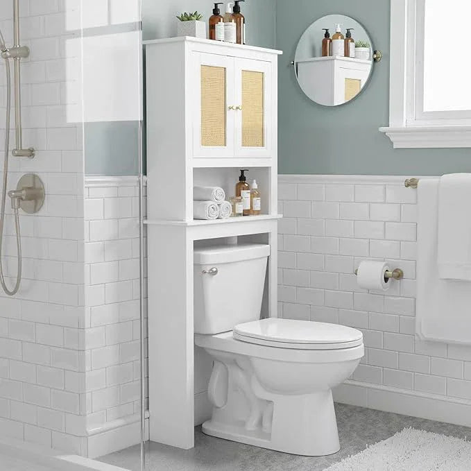 Over The Toilet Storage Cabinet, Behind Toilet Bathroom Organizer with Adjustable Shelves, Above Toilet Organizers with Rattan Door, Space Saver for Restroom, Bathroom, Laundry - ModernBath