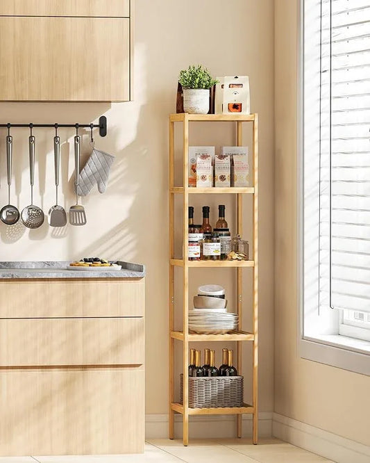 SONGMICS Bamboo Storage Shelf, 5-Tier Shelving Unit, Multifunctional, in the Entryway, Bathroom, Living Room, Balcony, Kitchen, 13 x 13 x 57.5 Inches, Light Bamboo UBCB55Y - ModernBath