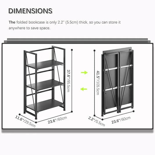 4NM No Assembly Folding Bookshelf Storage Shelves 3 Tiers Vintage Bookcase Standing Racks Study Organizer Home Office (All Black) - ModernBath