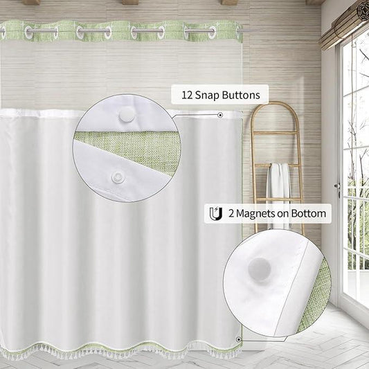 MitoVilla No Hooks Required Farmhouse Shower Curtain with Snap-in Liner - with Window & Magnets, Boho Cotton Linen Fabric Shower Curtains with Tassels for Rustic Bathroom Decor, Sage Green, 72 x 74 - ModernBath