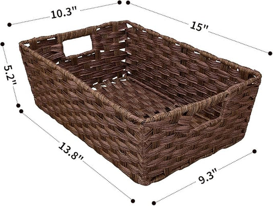 Onlytak Large Wicker Storage Basket, Metal Frame, Set of 2, Washable Waterproof, 15" x 10.3" x 5.2", Brown Color, Woven Basket for Pantry, Toilet, Bathroom, Bedroom, Patio