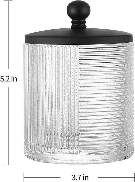 Indecor Home Clear Transparent Apothecary Ribbed Geometric Etched Glass Jar W/Matte Black Metal Lid Cover for Bathroom Organization, Cotton Balls, Q Tips, and Small Accessories, Bathroom Storage - ModernBath