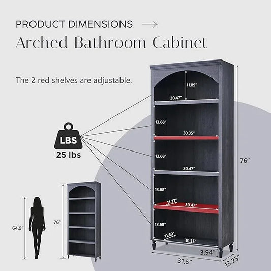 76" Tall Arched Bathroom Storage Cabinet, 5 Tiers Large Farmhouse Arched Cabinet w/Adjustable Shelves, Modern Wooden Storage Cabinet for Bathroom, Living Room, Entryway, Study Room (Dark Grey) - ModernBath