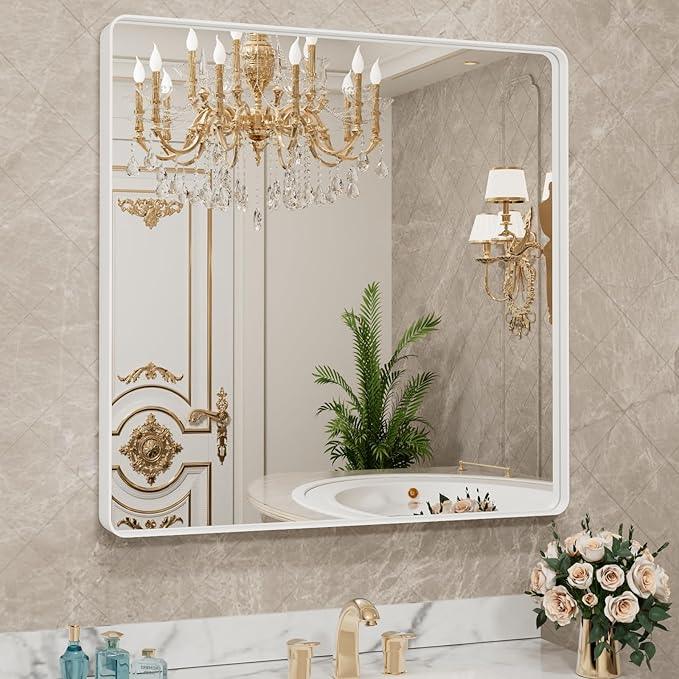 LOAAO 38x38 Inch White Metal Framed Bathroom Mirror for Wall, White Bathroom Vanity Mirror Farmhouse, Large Rounded Rectangle Mirror, Anti-Rust, Tempered Glass, Hangs Horizontally or Vertically - ModernBath