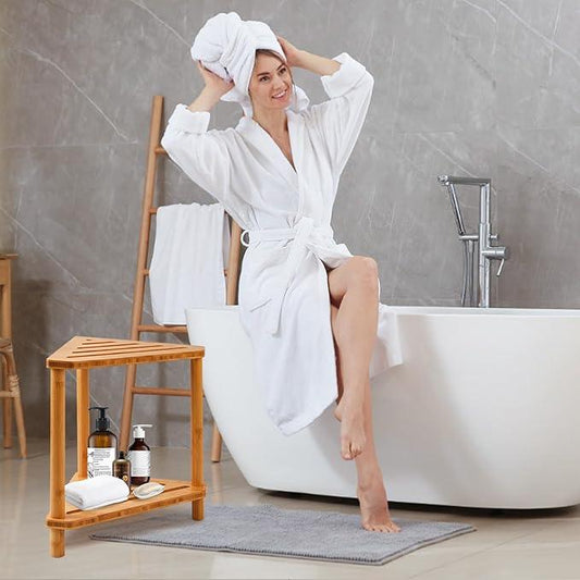 Bamboo Corner Shower Stool,2-Tier Waterproof Shower Stool for Inside Shower Shaving Leg,Small Spaces,Shower Foot Rest with Storage Shelf,Shower Bench,Bath Seat,Corner Nightstand gift for women mom - ModernBath