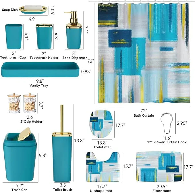 XLHOMO Bathroom Set - Teal Blue Bathroom Accessories Set, Bathroom Sets with Shower Curtain and Rugs, Teal Blue Shower Curtain Set with Bathroom Trash Can, Soap Dispenser, Soap Dish for Home Decor - ModernBath