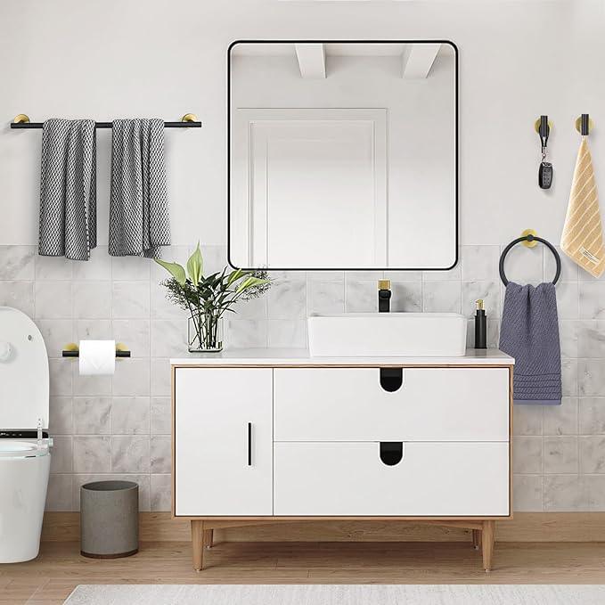 Black and Gold Towel Bar Bathroom Hardware Accessories Set, 10 Pieces Upgraded Round Toilet Paper Holder Towel Rack for Bathroom Wall Mounted, 23.6 Inch Stainless Steel Towel Rods for Bathroom - ModernBath