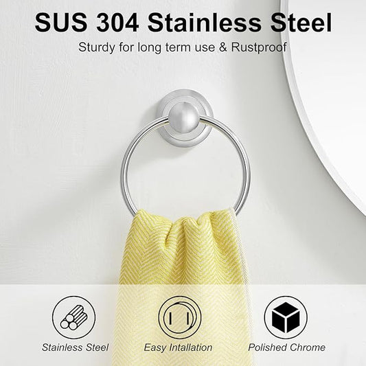 BESy Polished Chrome Bathroom Hand Towel Ring Towel Holder, Rustproof Wall Mounted Bathroom Hardware Accessory SUS 304 Stainless Steel Towel Rack