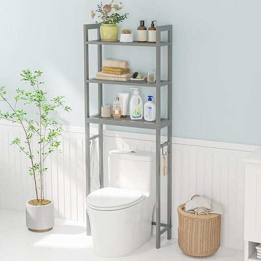 Giantex Over The Toilet Storage Rack, 3-Tier Metal Bathroom Organizer with 3 Hooks, Adjustable Bottom Bar, Anti-Tippling Devices, Freestanding Toilet Space-Saver for Bathroom, Laundry (Gray)