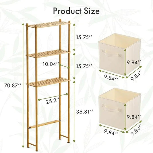 AmazerBath Over The Toilet Storage Bamboo, 3-Tier Over Toilet Organizer Rack with 2 Fabric Storage Bins, Freestanding Toilet Shelf for Bathroom Laundry Space Saver, Natural Color - ModernBath