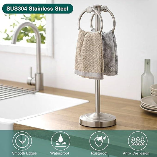 Hoimpro 17" Brushed Nickel Standing Towel Rack Bracket, Double Towel Ring Hand Towel Free Stand Holder Bathroom Hardware Accessories Set, Towel Bar for Bathroom Vanities and Kitchen Countertops - ModernBath