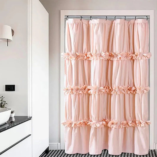 Homechoice Decor Peach Pink Ruffle Shower Curtain, Vintage Handcrafted Bow Tie Bath Curtain for Master Bathroom, Ruched Microfiber Bathroom Curtain with 8 Buttonholes, 48" W x 72" H (LQ-10) - ModernBath
