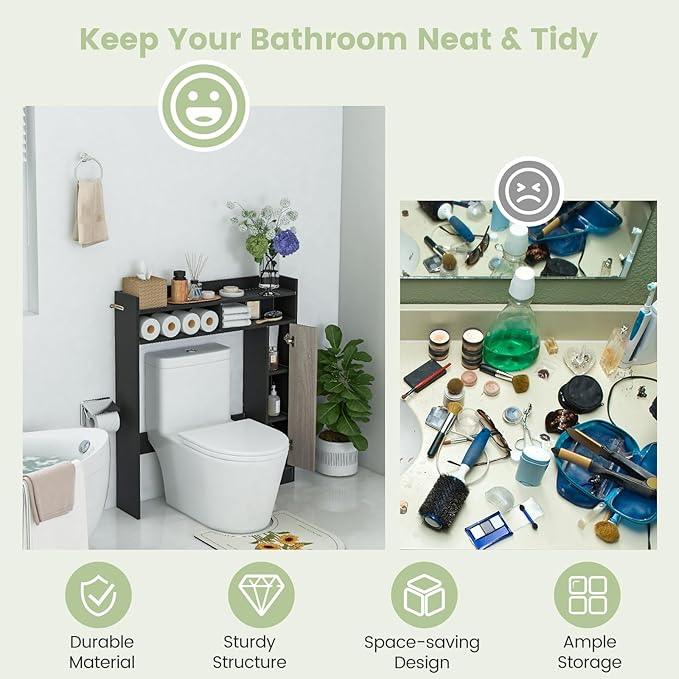 Giantex Over The Toilet Storage Cabinet, Freestanding Bathroom Organizer w/Single Door Cabinet & Open Shelves, Space-Saving Toilet Rack w/Adjustable Shelves for Laundry Room (Black+Oak) - ModernBath