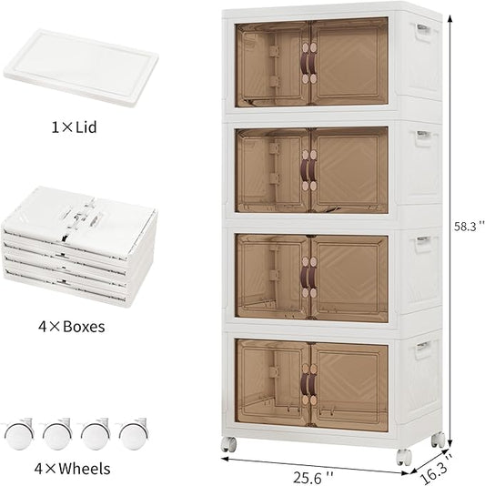 Storage Bins with Lids and Wheels, 440QT-110QT*4Tier Collapsible Bathroom Storage Cabinet with Clear Doors, Plastic Stackable Closet Organizers and Containers White