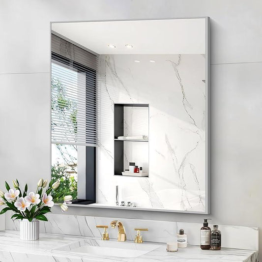 COFENY Silver Bathroom Mirror for Wall, 30x36 Inch Rectangle with Metal Frame, Modern Vanity for Bathroom Living Room, Entryway Hangs Horizontal or Vertical - ModernBath