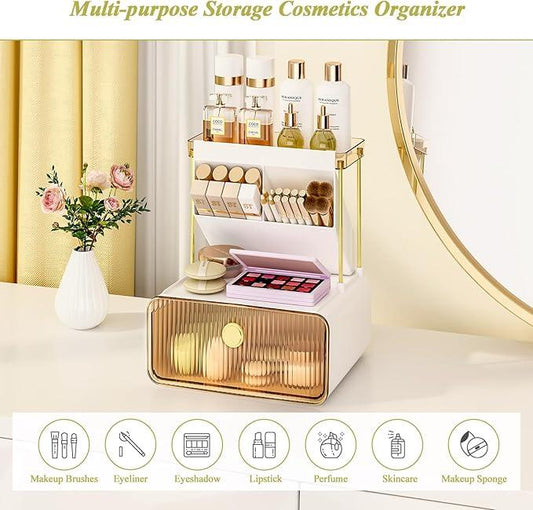 FOLLOWIN 3 Tiers Makeup Organizer with Drawer,Cosmetic Display with Lipsticks Brush Holder,Cosmetics and Beauty Supplies Organizers for Vanity,Dresser,Bathroom Desktop Countertop Organizer,Amber - ModernBath