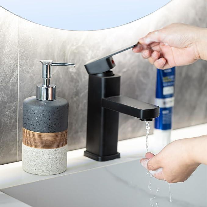 Cormomu Dish Soap Dispenser Set with Silicone Funnel, Hand Soap, Shampoo, Body Wash, Ceramic Liquid Soap Dispenser for Kitchen and Bathroom Countertops, Stainless Steel Pump, Non Slip, 12 Oz, Black - ModernBath