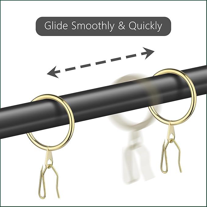 60Pcs Gold Curtain Rings and 60 Pcs Curtain Drapery Pin Hooks,Gold Shower Curtain Hooks for Drapes,32mm Internal Diameter for Window, Shower Curtain