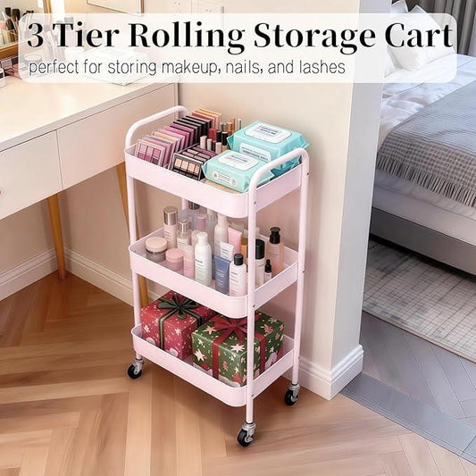 3 Tier Pink Rolling Cart for Nursery & Laundry Room with Handle & 4 Hooks, Metal Kitchen Storage Cart on Wheels and Lockable Casters, Large Capacity Sturdy Trolley for Lash Craft Bathroom - ModernBath