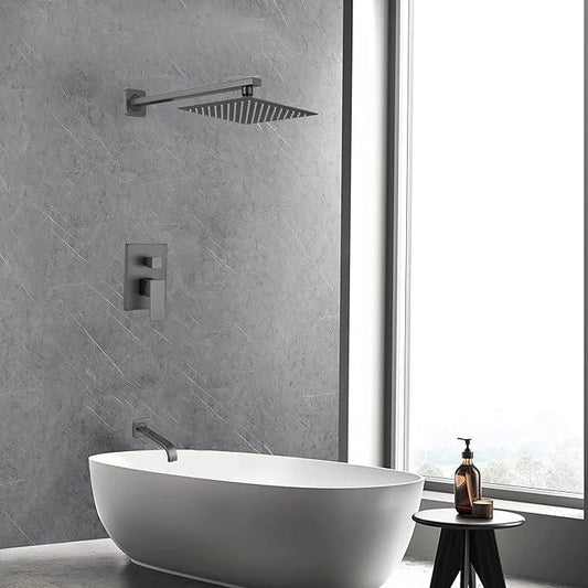 Heable Grey Shower Faucet Set with Tub Spout Bathroom Luxury Rain Mixer Shower Head System Wall Mounted Shower Faucet Complete, Single Handle Tub and Shower Trim Kit with Rough-in Valve - ModernBath