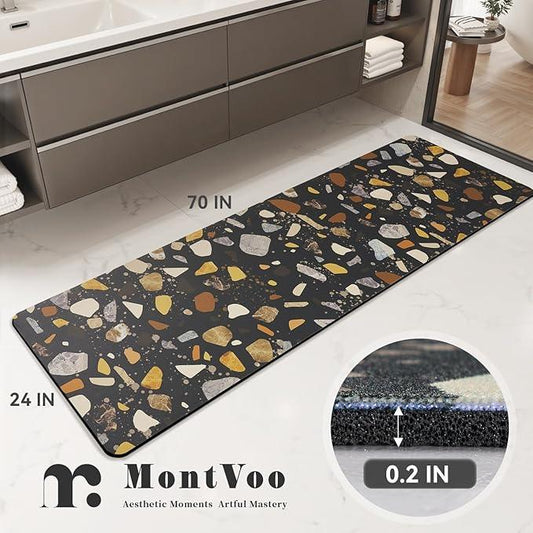 MontVoo -Bath Mat-Non Slip Thin Bathroom Rugs Fit Under Door- Quick Dry Absorbent Faux Suede Surface Grey Bathroom Floor Mats-Shower Rug for in Front of Bathtub Shower Black & Multi Color 24X70 - ModernBath