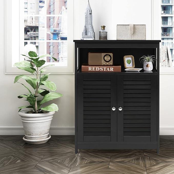 GLACER Bathroom Floor Cabinet, Wooden Storage Cabinet with Double Shutter Doors & 3-Position Adjustable Shelf, Side Storage Organizer, 23.5 x 12 x 31.5 inches (Black) - ModernBath