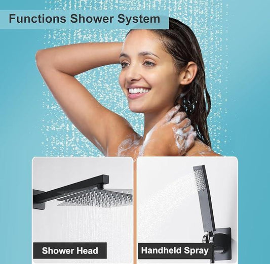 RTTWYYUU Matte Black Shower Head and Handle Set 10 Inch, Rain Shower Head with 2 Hooks, Luxury Rain Shower Set Square Wall Mount for Bathroom with Rain Shower and Handheld Shower System - ModernBath