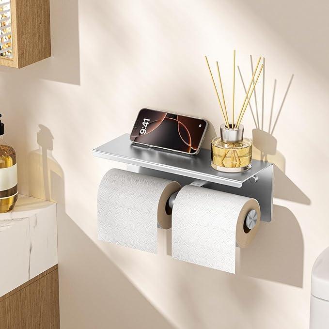 FORIOUS Double Toilet Paper Holder with Shelf, Wall Mount Tissue Roll Holder for Bathroom, 304 Stainless Steel Commercial Toilet Tissue Dispensers with Phone Shelf (1, Stainless Steel) - ModernBath