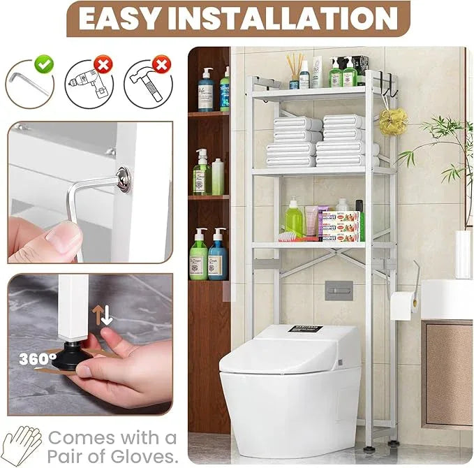 ZZL Over The Toilet Storage,3-Tier,Bathroom Toilet Organizer,Multifunctional Space Saver Freestanding Bathroom Shelves with 4 Hooks,White - ModernBath