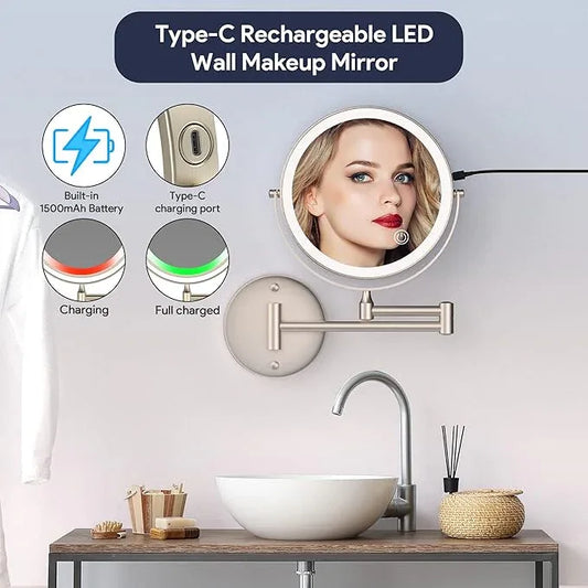 Rocollos Rechargeable Wall Mounted Lighted Makeup Mirror, 8 Inch Double-Sided LED Vanity Mirror 1X/10X Magnification,3 Color Lights Touch Screen Dimmable 360°Swivel 13 Inch Extendable - ModernBath