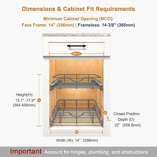 ALINE FURNITURE 2-Tier Pull Out Cabinet Organizer - 14" W x 22" D Soft Close Pullout Shelves with Shelf Liners - Slide Out Drawers for Kitchen Cabinets, Pantry, Bathroom, Heavy Duty Steel Wire Baskets - ModernBath