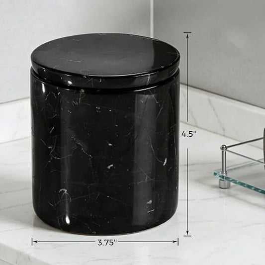 Black Marble Canister with Lid, Natural Marble Bathroom Qtip Holder Storage, 3.75 Inch Dia x 4.5 Inch Ht High Capacity Damp Proof Container for Cotton Swabs, Jewery - ModernBath