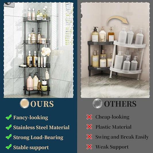 Consumest Corner Shower Caddy Standing - 4-Tier Stainless Steel Shower Organizer with Soap Holder and 4 Hooks, Large Capacity Corner Shelf Stand for Bathroom, Rest Room, Black - ModernBath