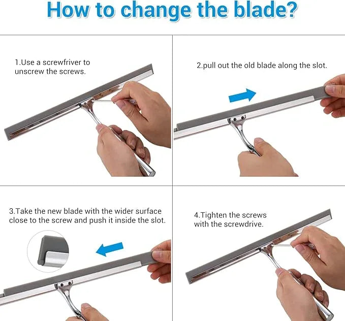 Shower Squeegee for Glass Doors, 12" Stainless Steel Squeegees for Shower Doors, Bathroom, Window and Car Glass, All-Purpose Cleaning Squeegee with Matching Hooks Holder, 1 Replacement Squeegee Blade - ModernBath