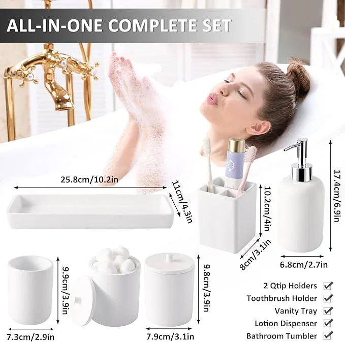 Resin 6 Pcs White Bathroom Set Complete with Toothbrush Holder, Lotion Soap Dispenser, 2 Qtip Holder Dispensers,Vanity Tray,Bathroom Tumbler - Countertop Vanity Organizer - Bathroom Accessories Set - ModernBath