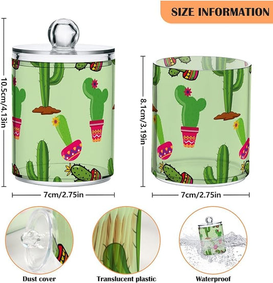 Tatenale Qtip Holder Bathroom Set Q tip Cotton Ball Swab Pad Dispenser Container Organizer Plastic Jars with Lids Storage 2Pack Mexican Cacti Green