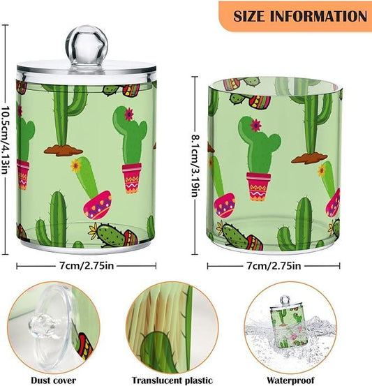 Tatenale Qtip Holder Bathroom Set Q tip Cotton Ball Swab Pad Dispenser Container Organizer Plastic Jars with Lids Storage 2Pack Mexican Cacti Green - ModernBath