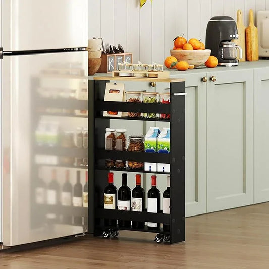 Small Kitchen Cart, 4-Tier Slim Rolling Island w/Handle, Laundry Room Storage Organizers Between Washer and Dryer, Narrow Spice Rack on Wheels Next to Fridge (Black, 5'') - ModernBath