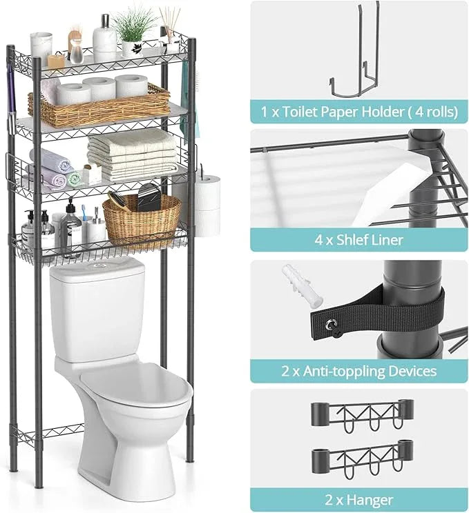 Hodonas 4-Tier Over The Toilet Storage, Adjustable Over Toilet Bathroom Organizer Rack, Freestanding Bathroom Shelves Above Toilet Storage, Sturdy Bathroom Space Saver with Basket and Shelves, Gray - ModernBath