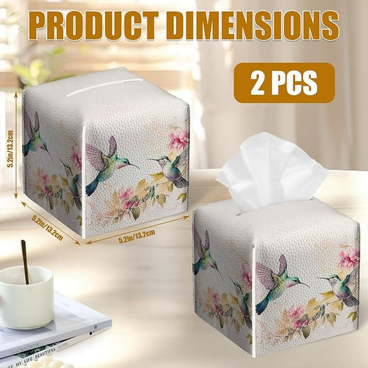 Humming Bird Floral Tissue Box Cover 2PCS, Leather Tissue Box Holder Square Facial Paper Case Tissue Box Cube Organizer for Bathroom Bedroom Desk Office