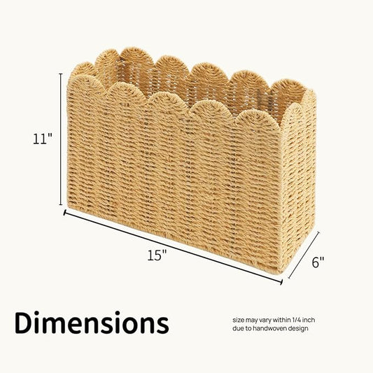 Handwoven Khaki Paper Rope Magazine Holder with Scalloped Edge –Toilet Paper Storage Basket Decorative Storage Basket for Magazines, Newspapers, Mail, Living Room, Bathroom & Office