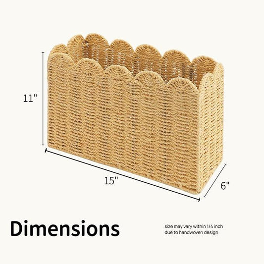 Handwoven Khaki Paper Rope Magazine Holder with Scalloped Edge –Toilet Paper Storage Basket Decorative Storage Basket for Magazines, Newspapers, Mail, Living Room, Bathroom & Office - ModernBath