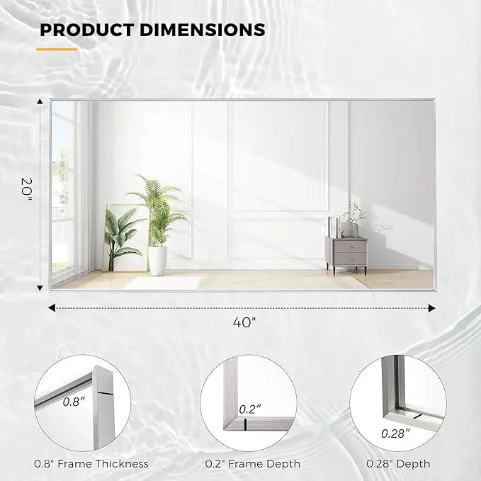 Bonverre 20x40 Inch Nickel Bathroom Mirror for Wall, Aluminum Frame Rectangle Rectangular Vanity Mirror, Modern Large for Bedroom, Living Room, Horizontal or Vertical - ModernBath