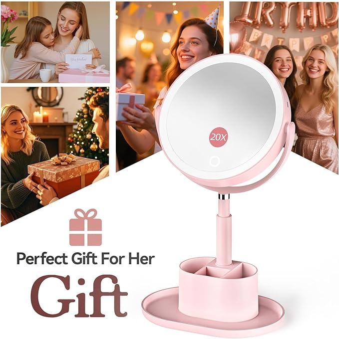 Shinowa Makeup Mirror with Lights, 1X/20X Lighted Magnifying Mirror with Storage for Makeup & Jewelry, 2-Sided Height Adjustable Vanity Mirror with 3 Color Lights, 360° Rotation & Rechargeable, Pink - ModernBath