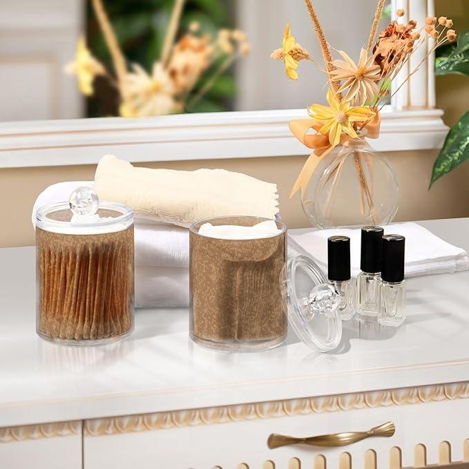 Tatenale Qtip Holder Bathroom Set Q tip Cotton Ball Swab Pad Dispenser Container Organizer Plastic Jars with Lids Storage 2Pack Abstract Brown - ModernBath